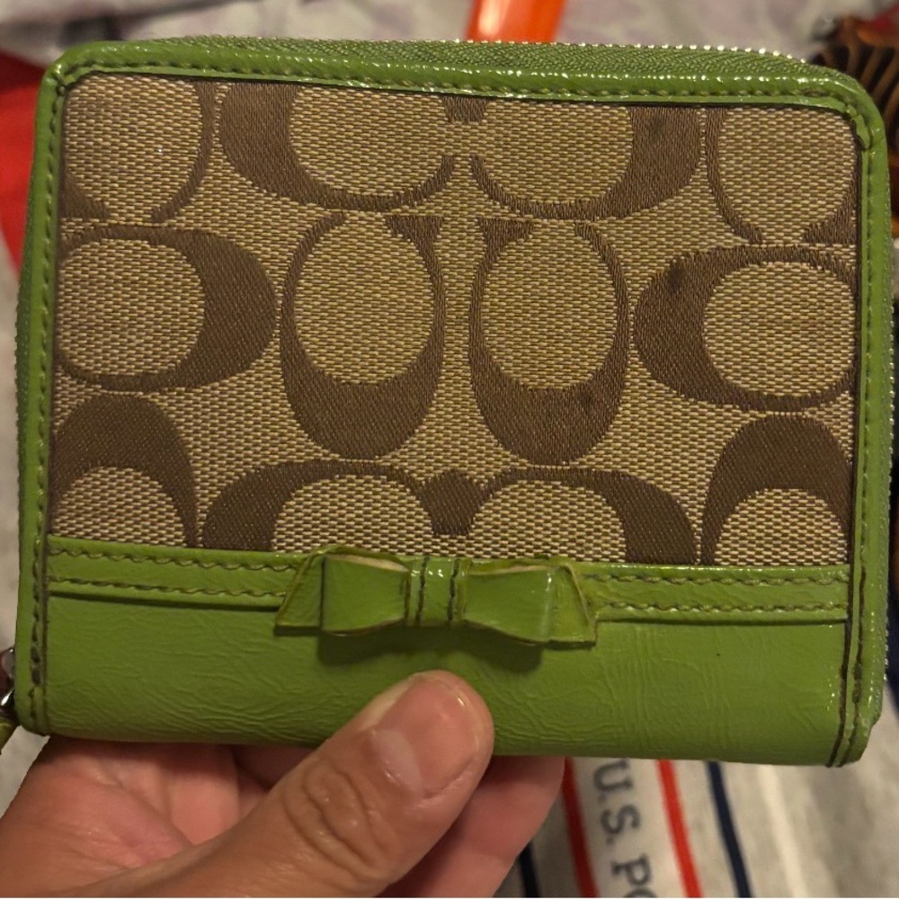 Coach Tan and Green Monogram Wallet